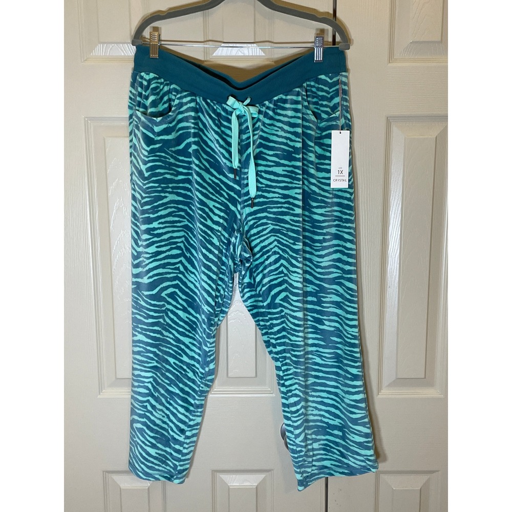 LuLaRoe Crystal Crop Pant Women 1X Teal NWT Zebra Print Velour Lounger